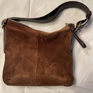 Coach brown suede and leather strap shoulder bag.
